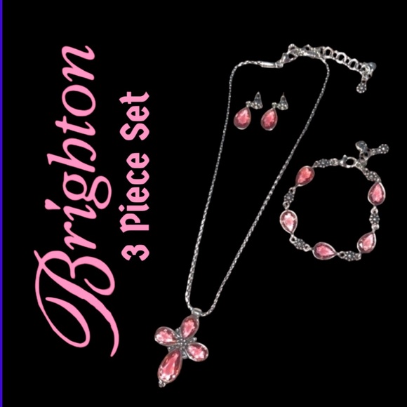 BRIGHTON 3 PIECE SET -LaVie Iridescent Pink Crystal Cross w/ Earrings & Bracelet - Picture 13 of 15